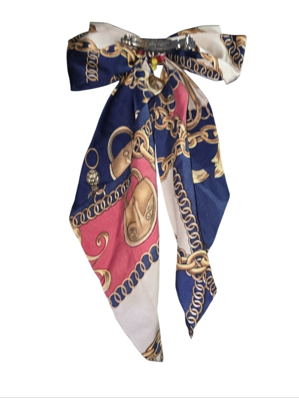 #B65 Silk-Feel Chain Print Bow Hair Scarf - Blue/Red/White - Picture 3 of 3